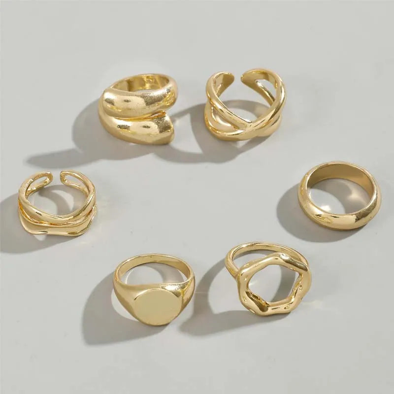 6Pcs/Set Gold Color Smooth Geometric Open Rings