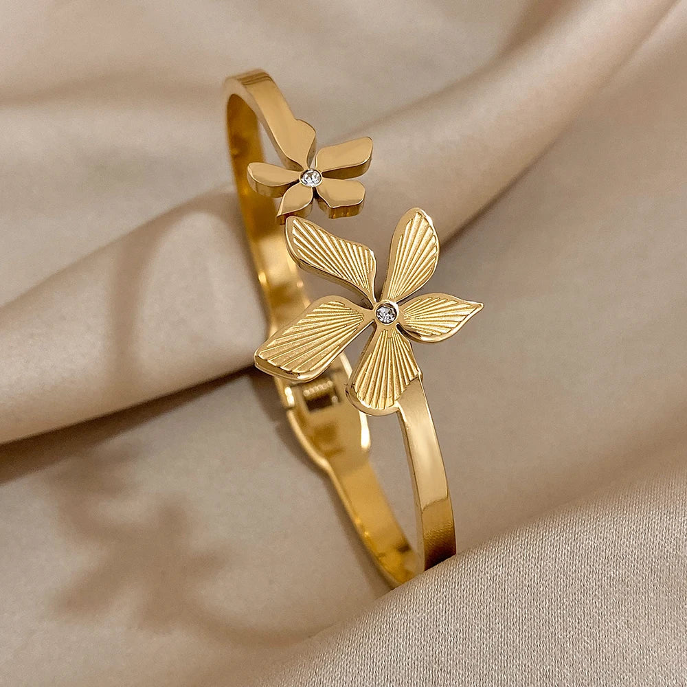 Bracelet Bangle for Women Gold Color Metal Floral Bracelets