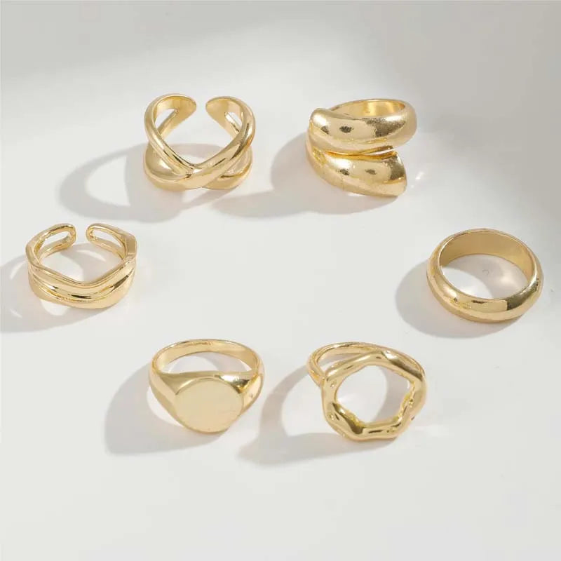 6Pcs/Set Gold Color Smooth Geometric Open Rings