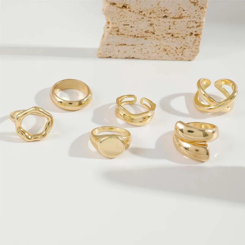 6Pcs/Set Gold Color Smooth Geometric Open Rings
