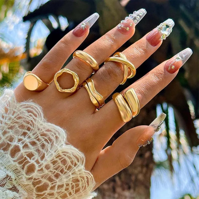 6Pcs/Set Gold Color Smooth Geometric Open Rings