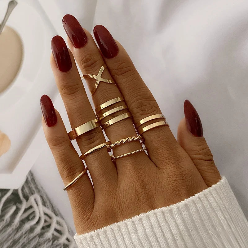6Pcs/Set Gold Color Smooth Geometric Open Rings