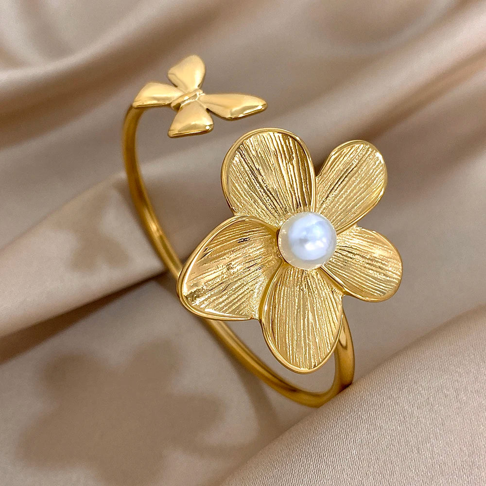Bracelet Bangle for Women Gold Color Metal Floral Bracelets