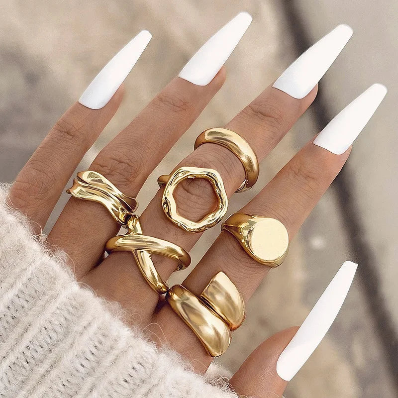 6Pcs/Set Gold Color Smooth Geometric Open Rings