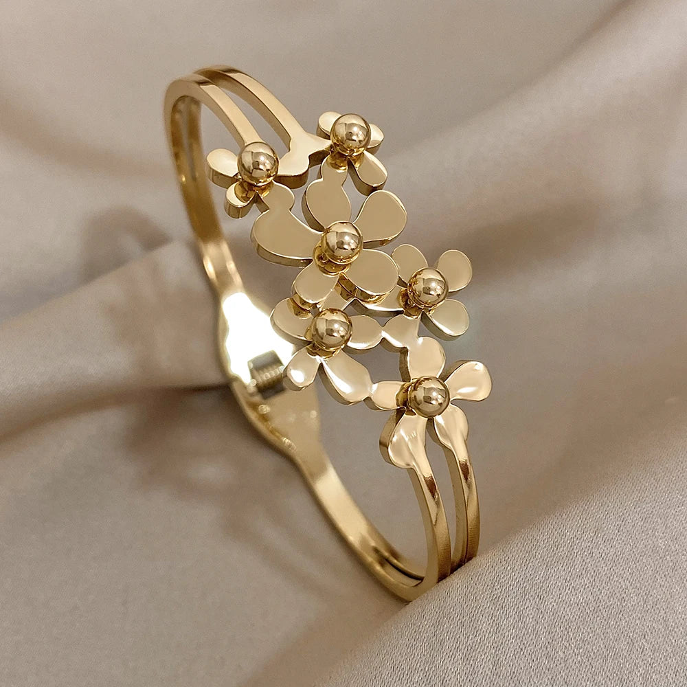 Bracelet Bangle for Women Gold Color Metal Floral Bracelets
