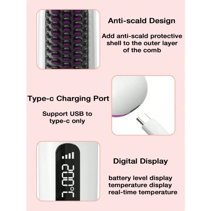 Portable Mini Electric LCD Hair Straightener USB Rechargeable 4000mAh Heating Comb