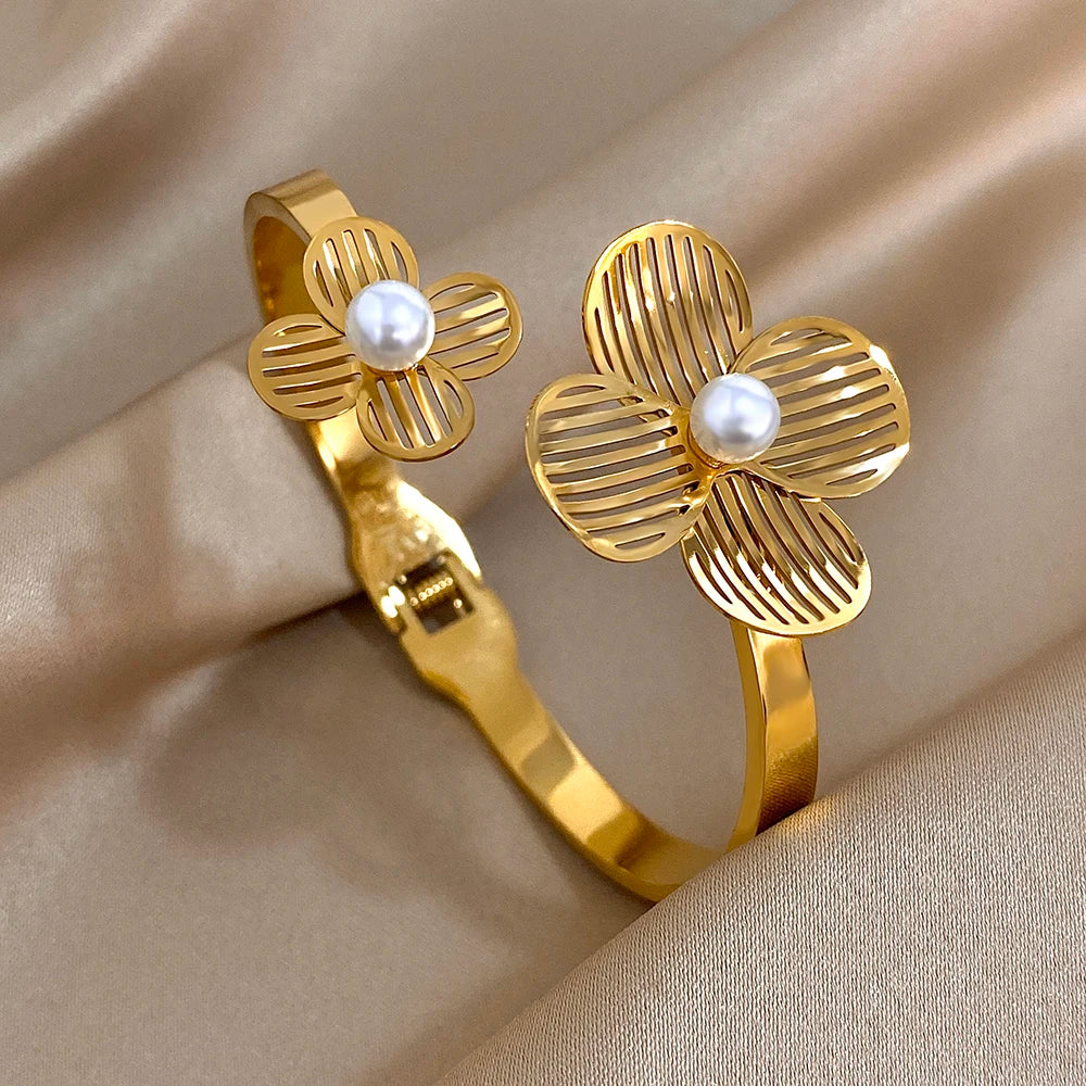 Bracelet Bangle for Women Gold Color Metal Floral Bracelets