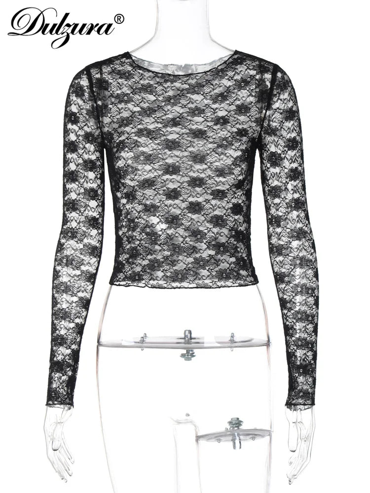 Dulzura Long Sleeves See Through Lace Crop Top