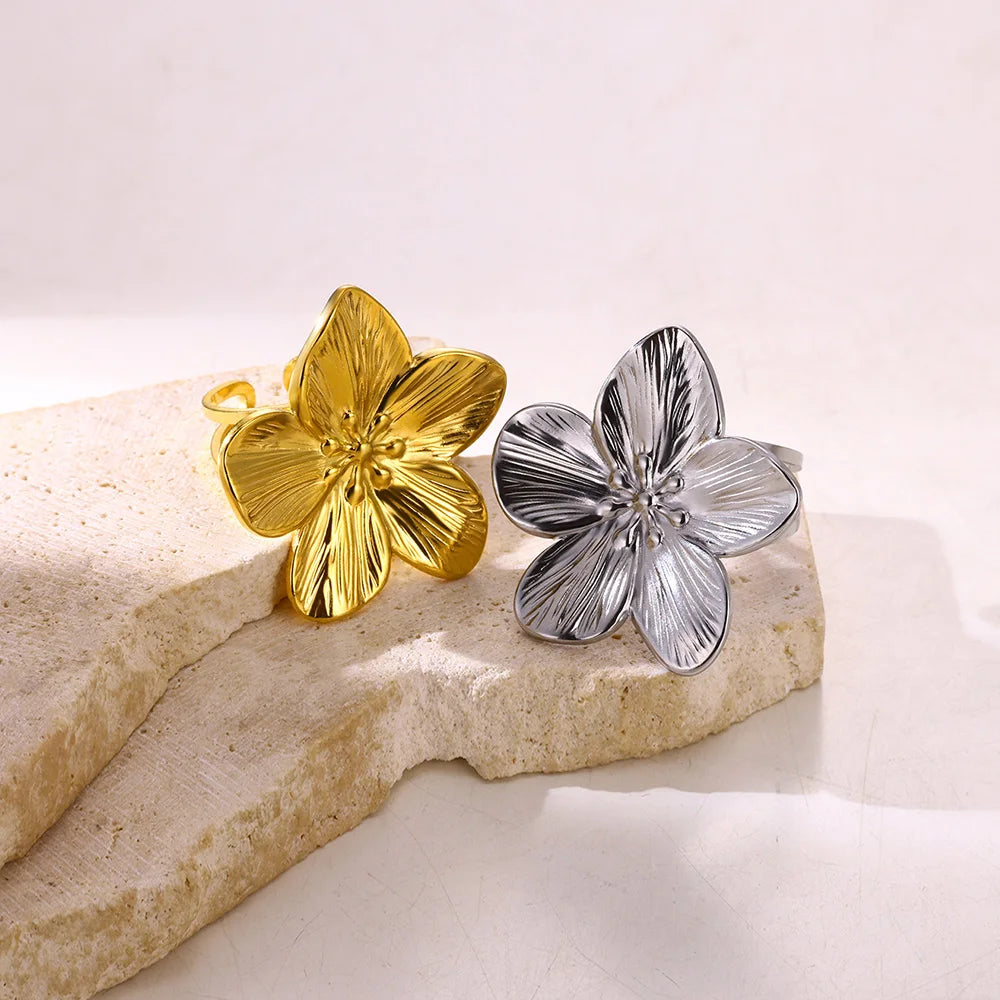 Elegant Stainless Steel Big Bloom Flower Rings k
