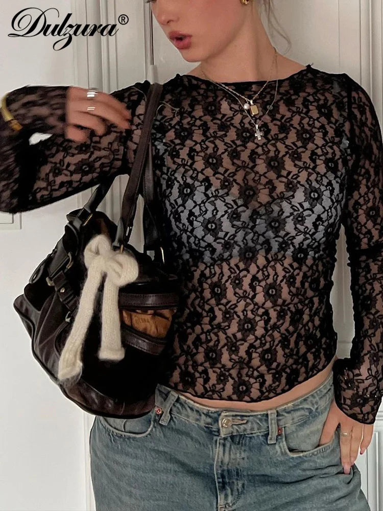 Dulzura Long Sleeves See Through Lace Crop Top