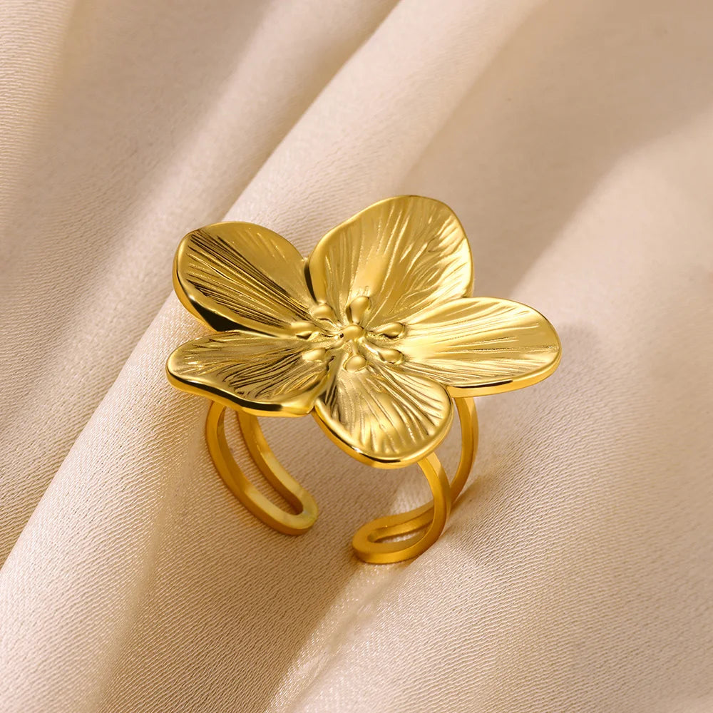 Elegant Stainless Steel Big Bloom Flower Rings k
