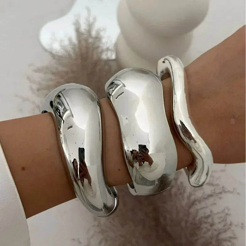 Bangles Punk Gold Silver Color Geometric Metal Large Bracelets