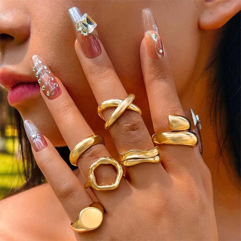 6Pcs/Set Gold Color Smooth Geometric Open Rings